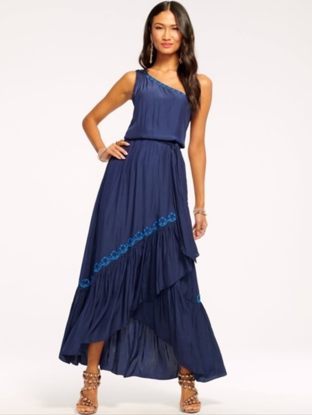 Ramy Brook Navy Blue One-Shoulder Maxi Dress with Embroidered Trim Size L